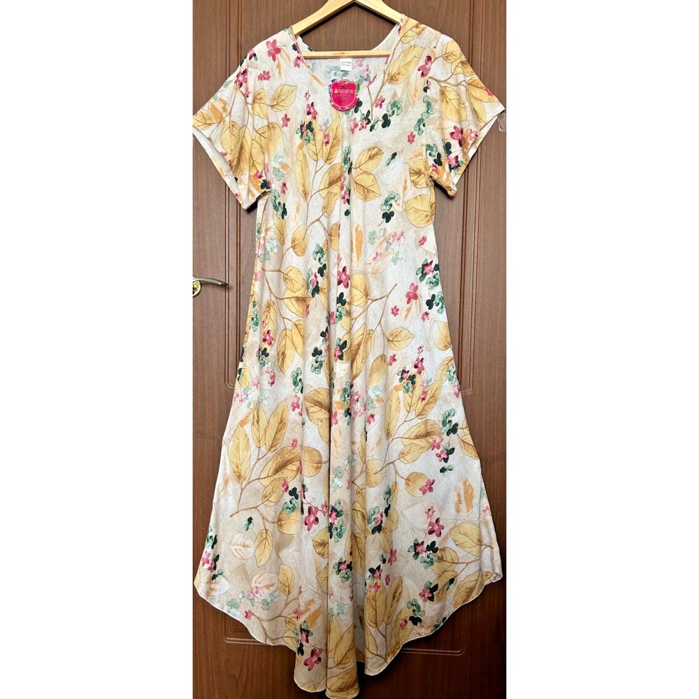 Womens 2XL Ivory Floral Print Cotton Maxi  House Dress Short Sleeve Casual Dress